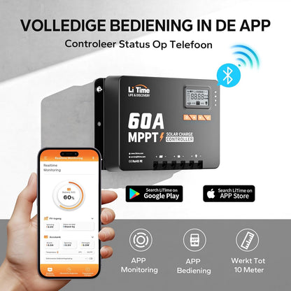 LiTime MPPT zonneregelaar, 60 A, 12 V/24 V/36 V/48 V, max. 3200 W, automatische DC-ingang met bluetooth-adapter, instelbaar lcd-display, led-indicatoren, voor lithiumbatterij