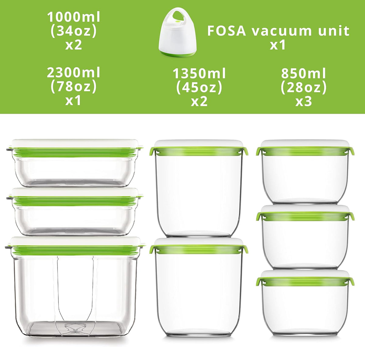 FOSA Starterkit, gepatenteerd vacuümsysteem, compact vacuümapparaat en premium container (1 schildpad + 8 ronde en rechthoekige houders)