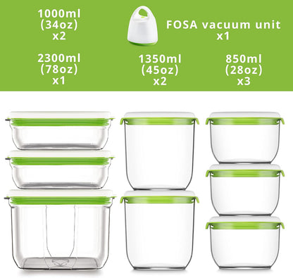 FOSA Starterkit, gepatenteerd vacuümsysteem, compact vacuümapparaat en premium container (1 schildpad + 8 ronde en rechthoekige houders)