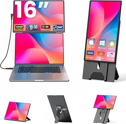 Draagbare Monitor – Extra Scherm – Mobiele Monitor – Portable Display – Laptop Scherm – 16 Inch – 1920x1200 Resolutie – 360° Draaibare Kickstand