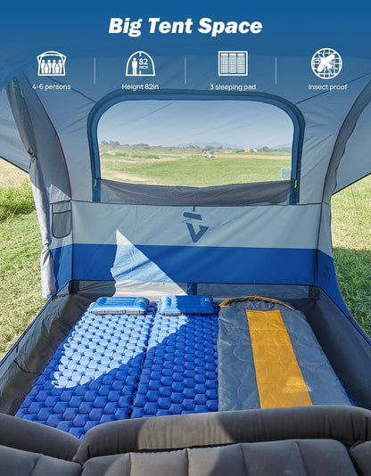 JOYTUTUS SUV-tent voor camping, 4-6 personen, 234 x 234 x 210 cm (l x h), waterdicht PU 2000 mm, dubbellaags, ontwerp met dubbele deur, outdoor, camping, reizen, blauw