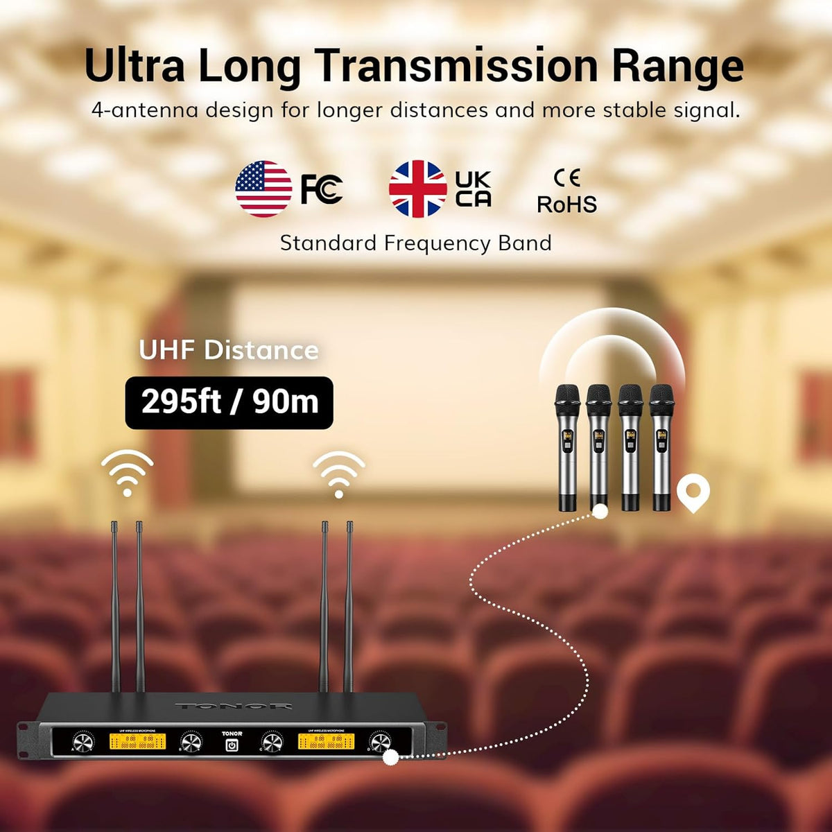 Draadloze microfoons – Zilver – Microfoonset – Karaokemicrofoons – Handmicrofoons – Zangmicrofoons – 4x5 Kanalen – 4 Antennes Voor 90 m Bereik