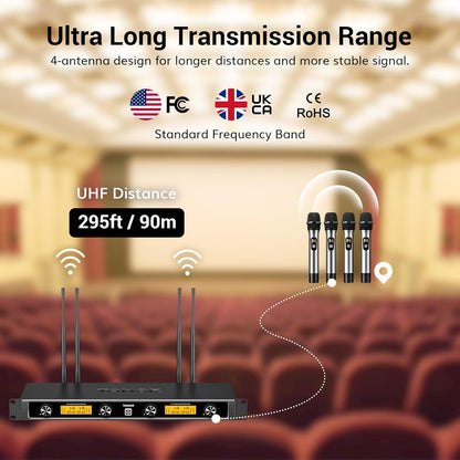 Draadloze microfoons – Zilver – Microfoonset – Karaokemicrofoons – Handmicrofoons – Zangmicrofoons – 4x5 Kanalen – 4 Antennes Voor 90 m Bereik
