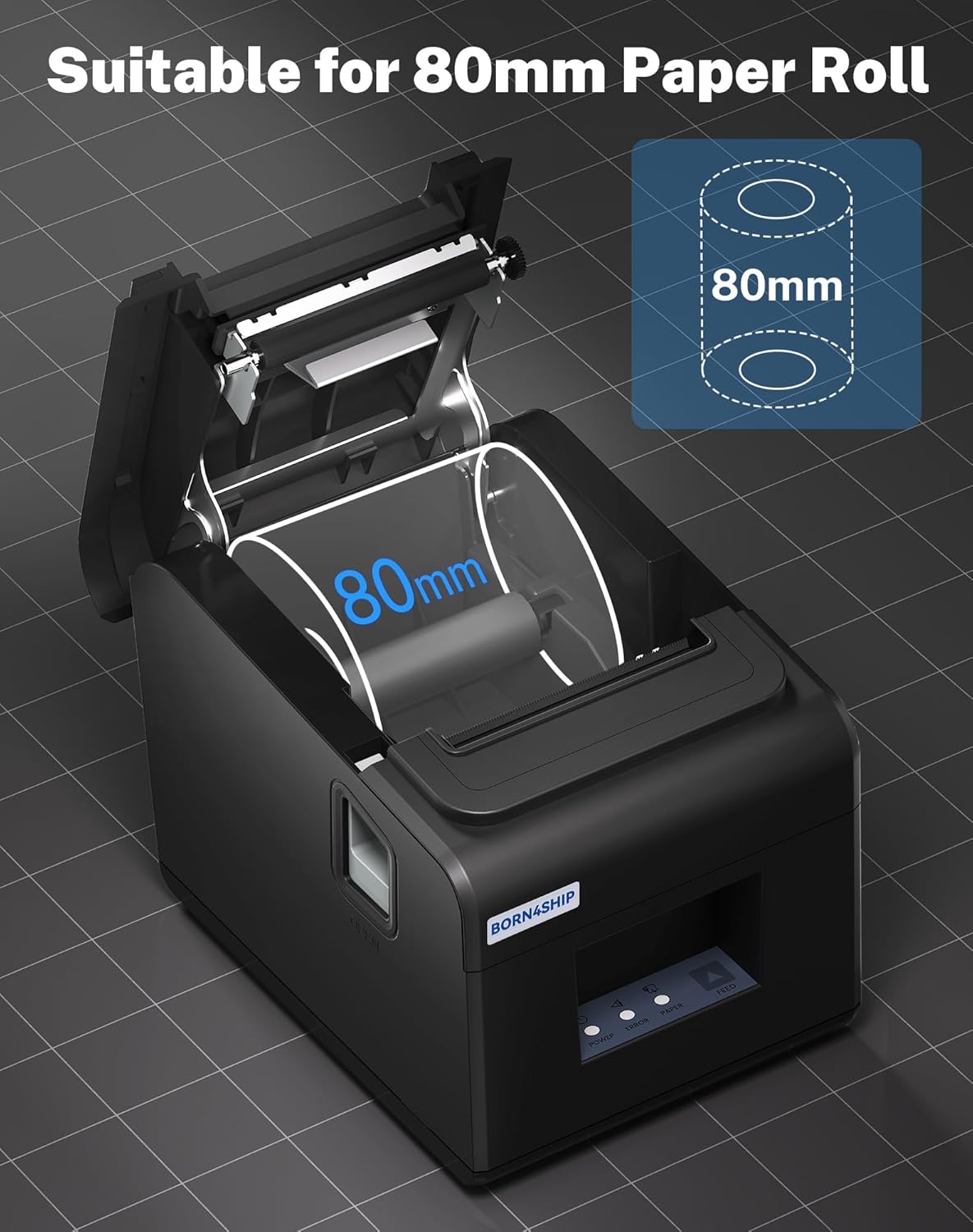 Thermoprinter, bondrukcer, 80 mm, thermische directe printer met USB-seriële LAN-poort, auto-cut lade, POS-printer, compatibel met ESC/POS Mac Windows Linux - V330M