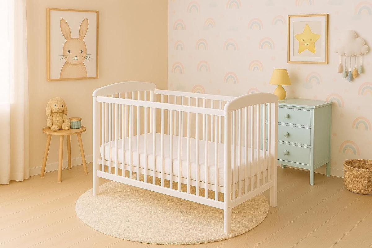 Cot JOSE White 120 x 60 cm - Cot with slatted frame 3 levels adjustable in height - Lacquered pine - QUORE