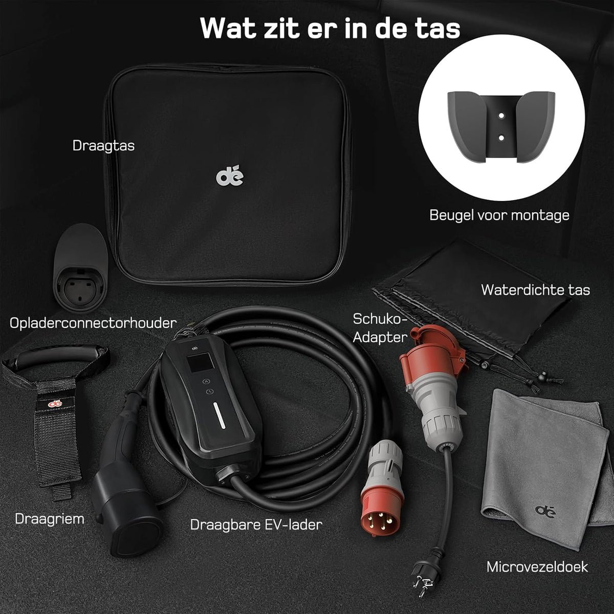 dé EV Charger Type 2 11kW [15m, 3-Fase, 6-16A] Laadpaal 11kW 3 Fase met instelbaar laadvermogen, Mobile Wallbox voor model Y/3, ID.3/4/5, Enyaq, EX30/XC40, Niro en Andere EV&PHEV