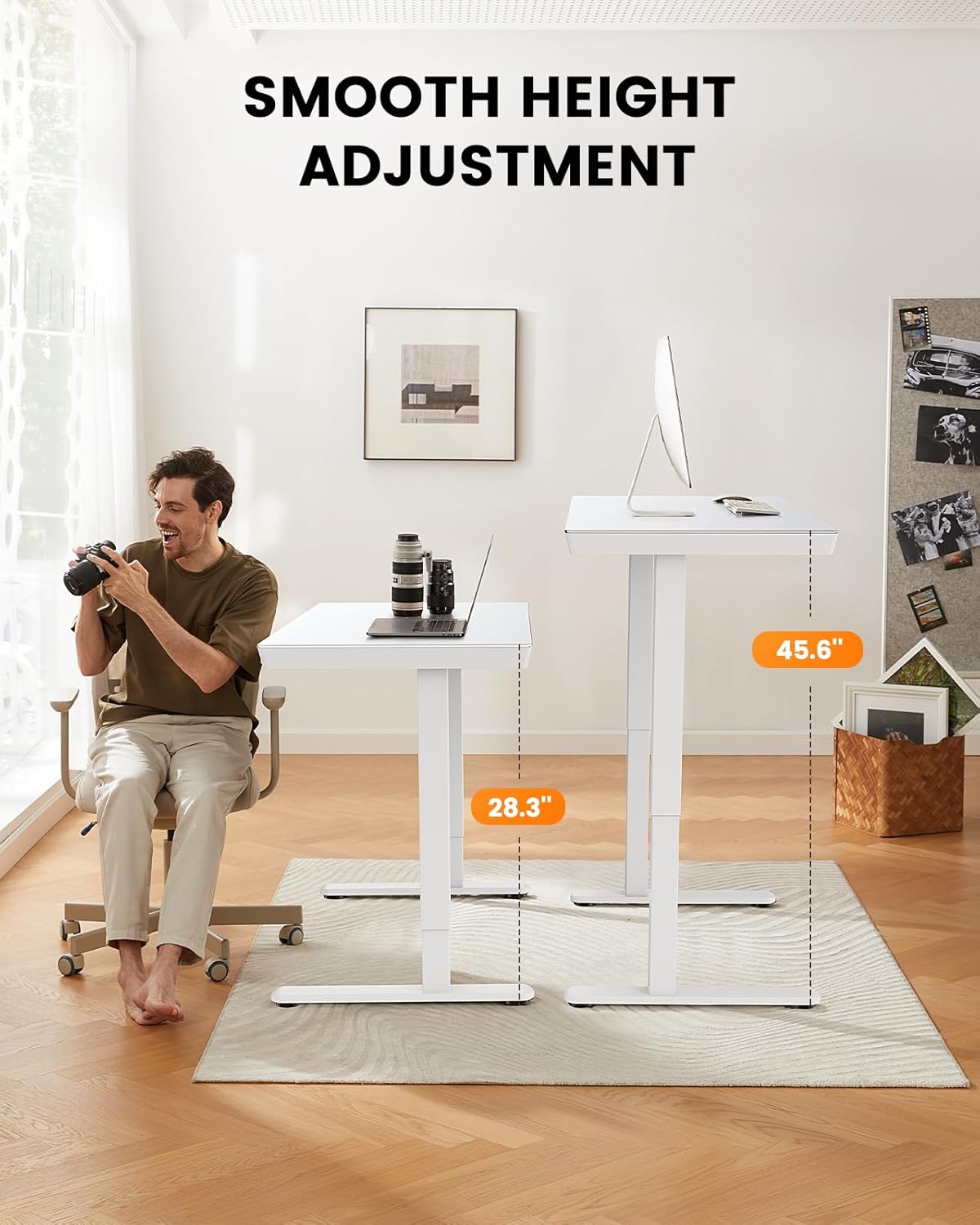ErGear Electric Standing Desk, 120x60cm Glass Height Adjustable Standing Desk with Drawer and 2 Charging Ports, 3 Memory Stand Desk for Home Office (Glass White Top + White Frame) - QUORE