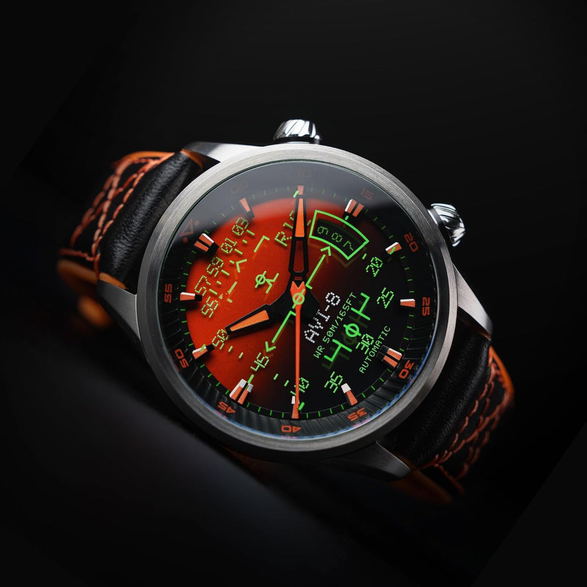 AVI-8 Heren 44mm Hawker Harrier HUD automatisch horloge met rubber/lederen band AV-4117