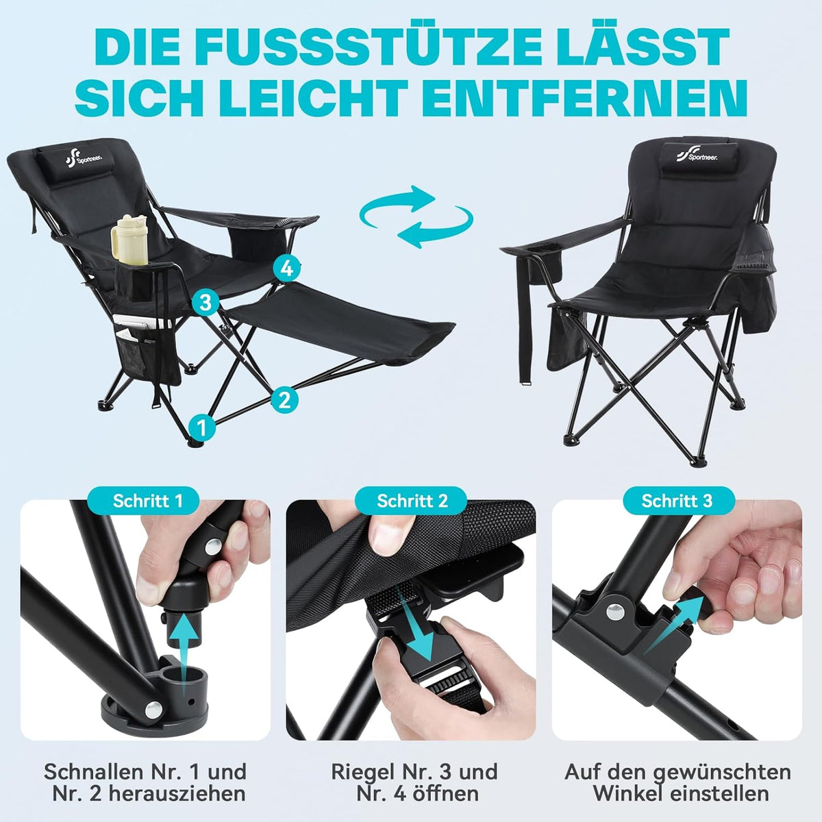 Opvouwbare campingstoel, 2-in-1, strandstoel met 4-voudig verstelbare rugleuning, campingstoel met voetensteun, met koeltas, bekerhouder voor camping, strand, festival, tuin, balkon