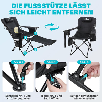 Opvouwbare campingstoel, 2-in-1, strandstoel met 4-voudig verstelbare rugleuning, campingstoel met voetensteun, met koeltas, bekerhouder voor camping, strand, festival, tuin, balkon