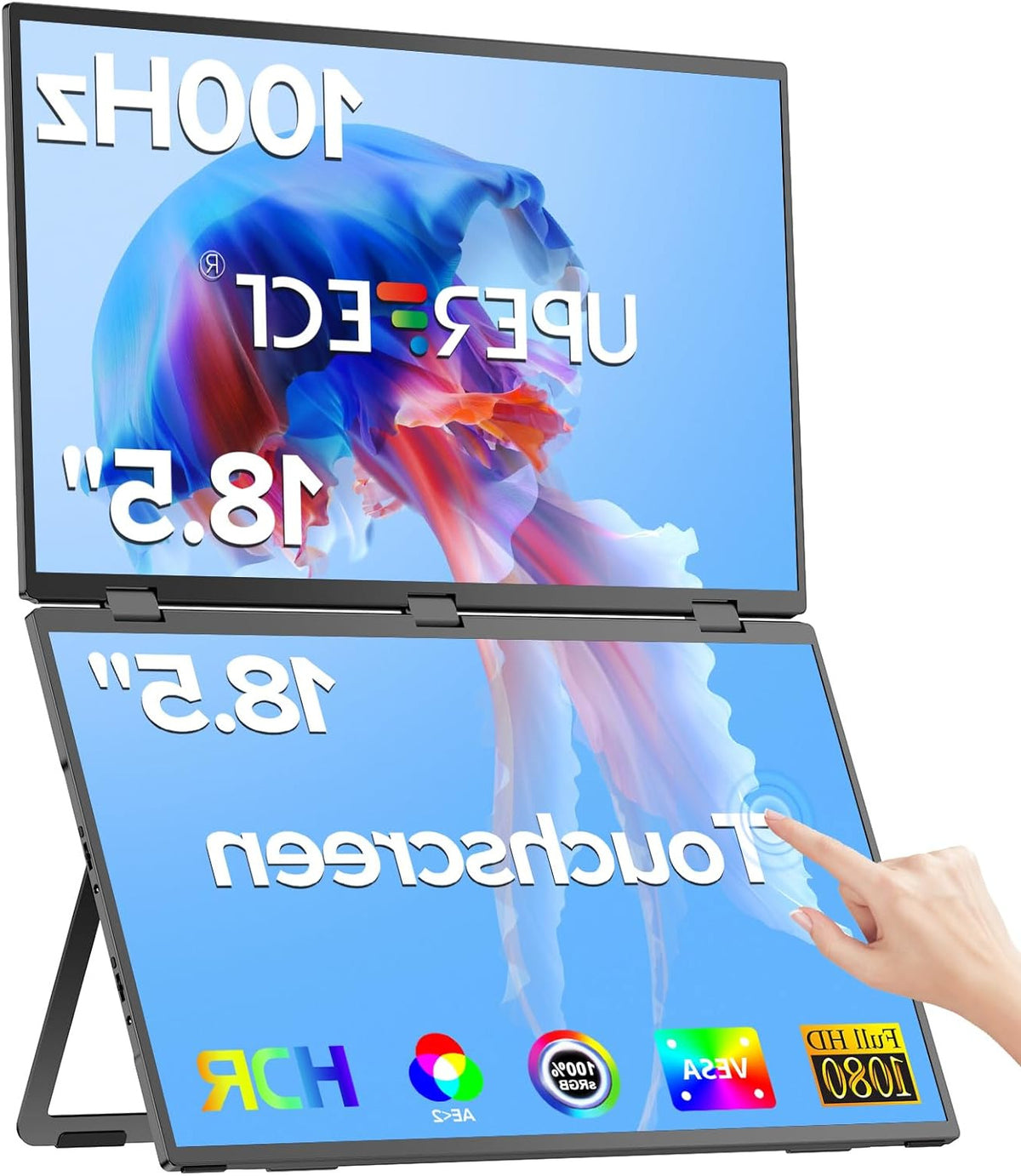 UPERFECT Delta 18.5" 100Hz Touch Screen Dual Portable Monitor for Laptop Screen Extender Stacked Triple Folding Monitor with Stand & VESA for Laptop PC Phone Game Console (No Driver Needed) - QUORE