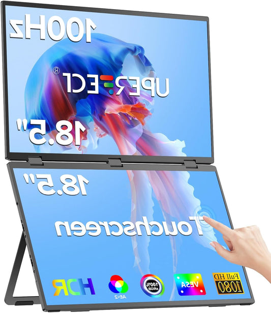 UPERFECT Delta 18.5" 100Hz Touch Screen Dual Portable Monitor for Laptop Screen Extender Stacked Triple Folding Monitor with Stand & VESA for Laptop PC Phone Game Console (No Driver Needed) - QUORE