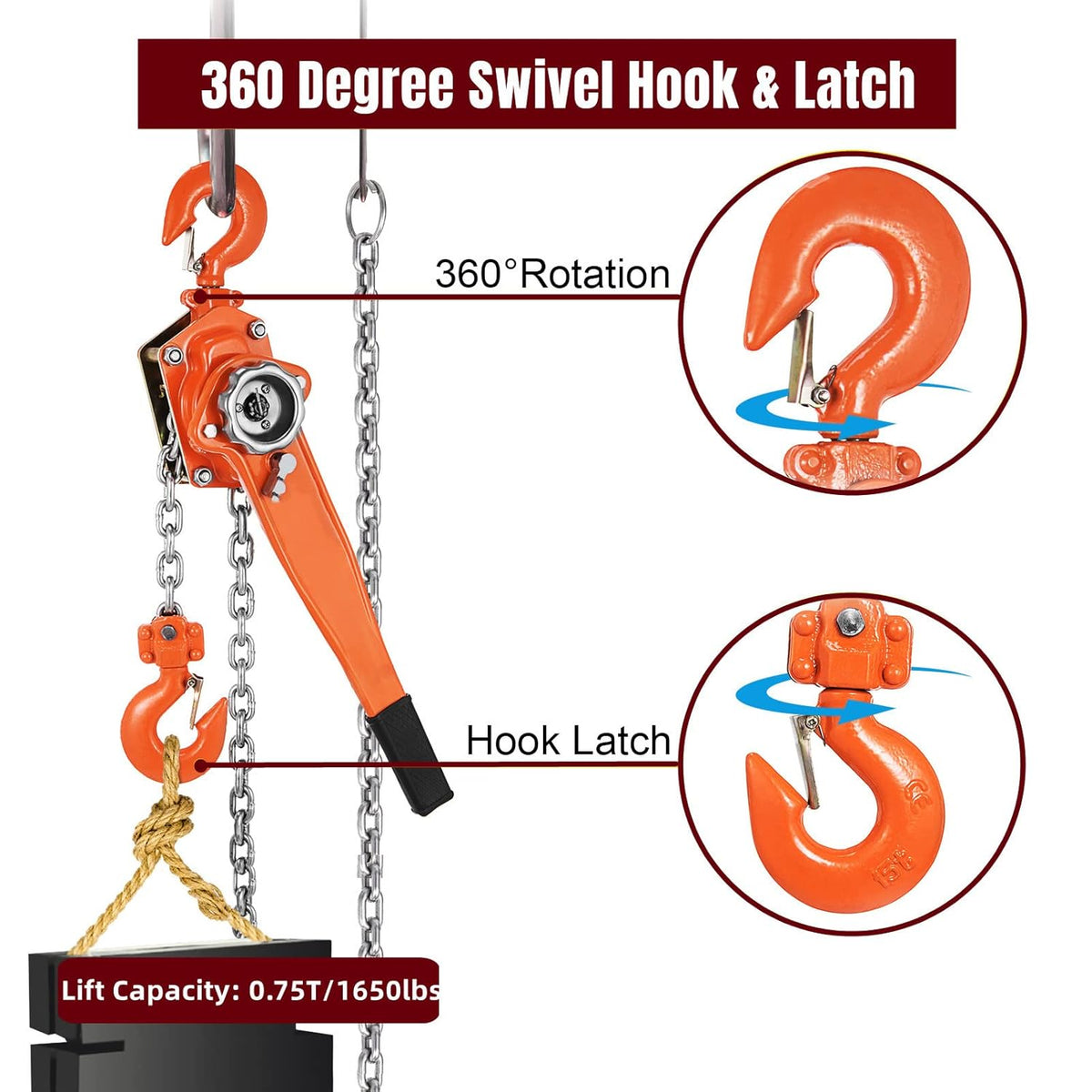 Nisorpa 3/4Ton Chian Hoist 6 M 1500lbs 20ft Kettingblok Hendel Hoist met Haak Handleiding Ratchet Ketting Blok Hoist Kom Langs Trekker Katrol voor Magazijn Transport Industriële