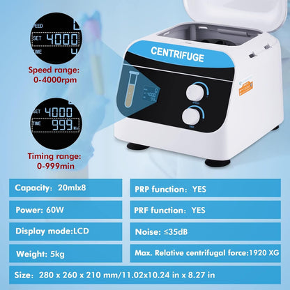 YUCHENGTECH Laboratoriumcentrifuge Tafelcentrifuge Digitale Lage Snelheid Centrifuge 8x20ml 4000 rpm 0-999 Min 1920xg voor Centrifugebuisjes van 5 ml/7 ml/10 ml, 28x26x21cm 5kg