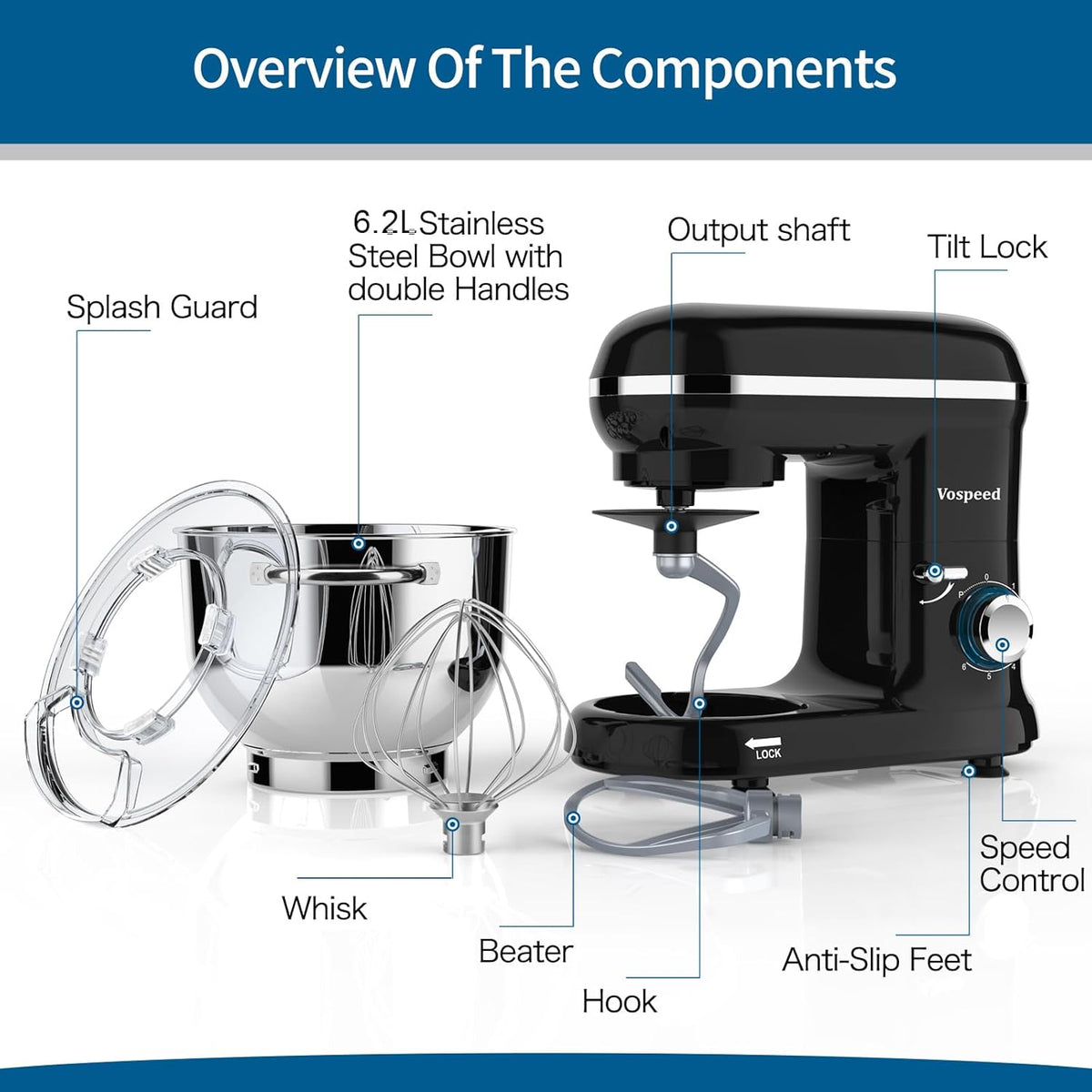 Keukenmachine – Kneedmachine – Keukenmixer – Deegmixer – Standmixer – Zwart – 1500W Motor – 6,2QT Rvs Kom