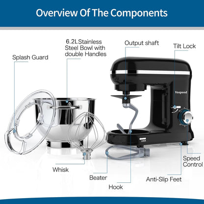 Keukenmachine – Kneedmachine – Keukenmixer – Deegmixer – Standmixer – Zwart – 1500W Motor – 6,2QT Rvs Kom