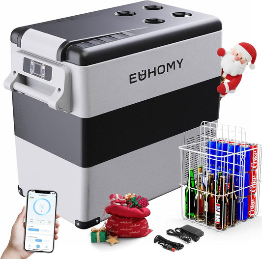 EUHOMY Compressor-koelbox, 55 liter, autocompressor met 12/24 V DC en 240 V AC, draagbare koelkast, vriezer, koeler, voor auto, camper, camping, reizen, vissen, outdoor of thuisgebruik.