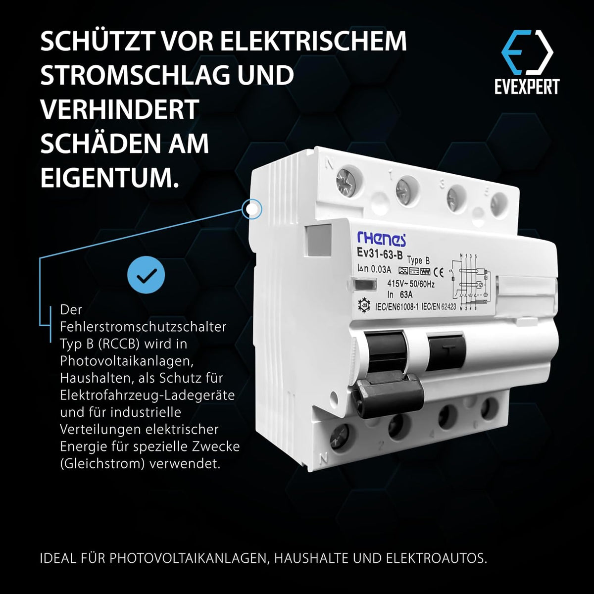 EV Expert 3Y-16HW-167R Aardlekschakelaar, bescherming tegen elektrische schokken, IP20, 25-63A, gelijkstroom, kortetermijnvertraging, wit