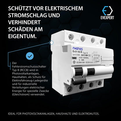 EV Expert 3Y-16HW-167R Aardlekschakelaar, bescherming tegen elektrische schokken, IP20, 25-63A, gelijkstroom, kortetermijnvertraging, wit