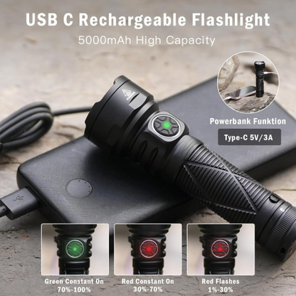Zaklamp - Tactische Zaklamp - Oplaadbare - 4 Hoge Intensiteit LEDs - Met Riemclip - Aluminium Behuizing - 5000mAh - 4500 Lm - 3.7V - Compact - ‎IPX4 Waterdicht - 35 mm - Zwart