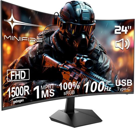 Minifire 24 inch gaming monitor, 100Hz, curved gaming monitor, speaker, USB Type-C port, 1Ms, sRGB100%, FHD 1080P computer monitor, VESA compatible, Eye Care Adaptive Sync HDMI Port (MF24C1) - QUORE