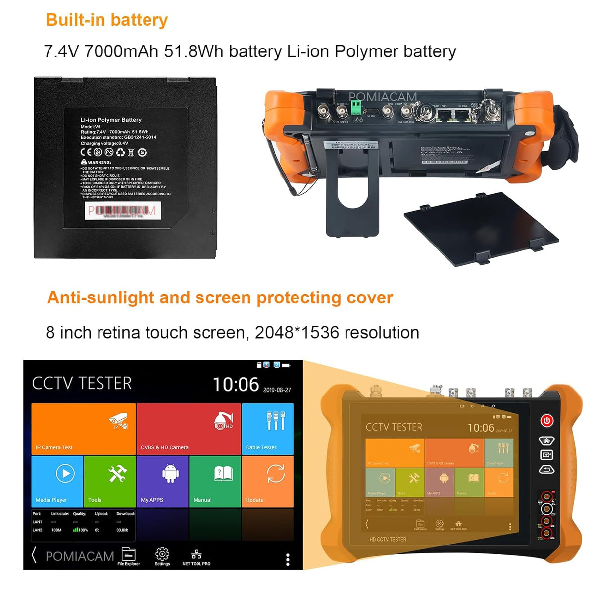 HD CCTV-tester X9MOVTADHS 8-inch 2K-retina-display met bescherming tegen zonlicht HD CCTV-tester met 8MP CVI TVI AHD 8MP EX-SDI HD-SDI 3G-SDI IP-camera Ondersteunt RJ45-kabel TDR-test