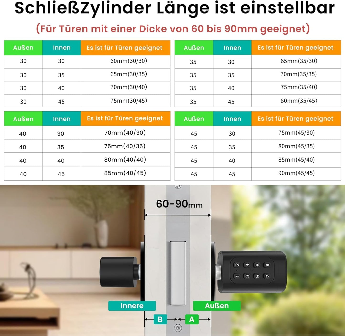 AVATTO Smart deurslot met vingerafdruk en wachtwoord voor 60-90 mm deuren, de lengte van de sluitcilinder is instelbaar, met sleutel, IC-kaart, ondersteunt Smart Life App afstandsbediening