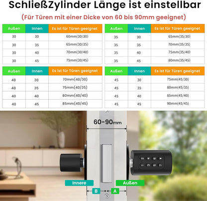 AVATTO Smart deurslot met vingerafdruk en wachtwoord voor 60-90 mm deuren, de lengte van de sluitcilinder is instelbaar, met sleutel, IC-kaart, ondersteunt Smart Life App afstandsbediening