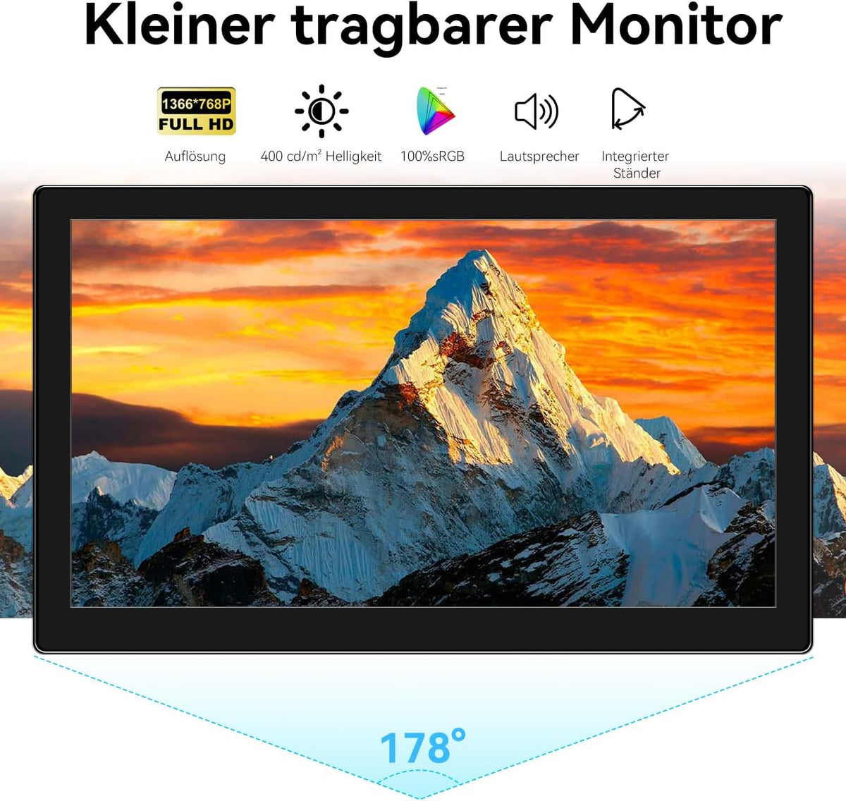 Portable Monitor, Touch Screen, 10.1 inch, IPS Screen, 1366 x 768P, 60Hz, 400 Brightness, 99% sRGB, HDMI, USB-C Monitor, Compatible with Xbox PS3/4/5, Laptop, Small Touchscreen, Portable Monitors - QUORE