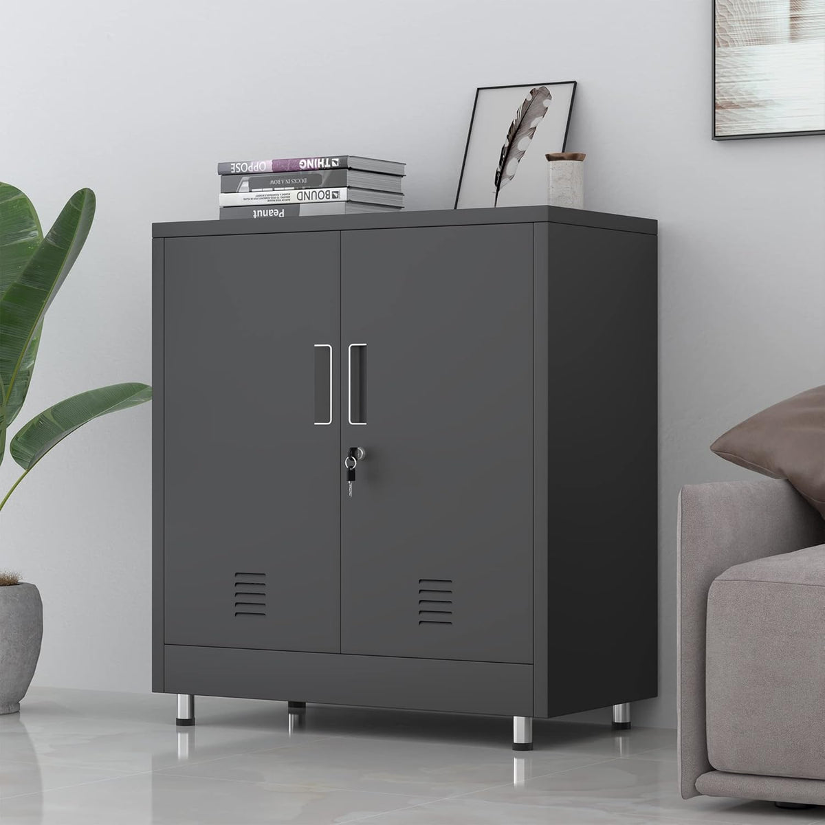 Metalen opbergkast met vergrendelingsdeuren en verstelbare plank, kleine afsluitbare dressoir buffetkast voor thuiskantoor, hal, entree, woonkamer eetkamer (zwart)