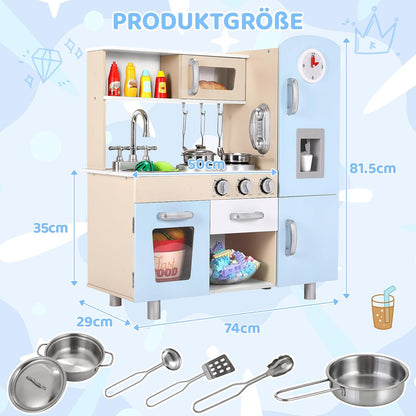 Speelkeuken - Speelgoedkeuken - Keukenset - met Casten - RVS Pot - Keukengerei - voor 3-6 jaar - Peuters - Solide Structuur - Oneindige Verbeelding - Educatieve Waarde - Leuke Interactie - Hout - 74 x 29 x 81.5 cm - Blauw