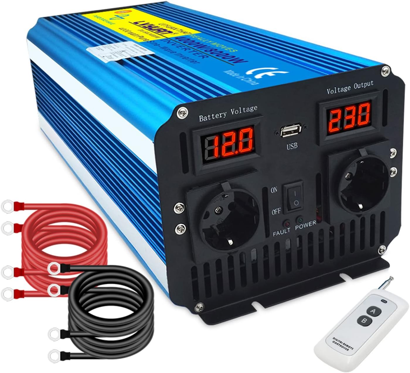 Spanningsomvormer 4000W 12V 230V zuivere sinus omvormer afstandsbediening 2 LED Power Inverter 2 stopcontacten en USB / 8000 W stootkracht