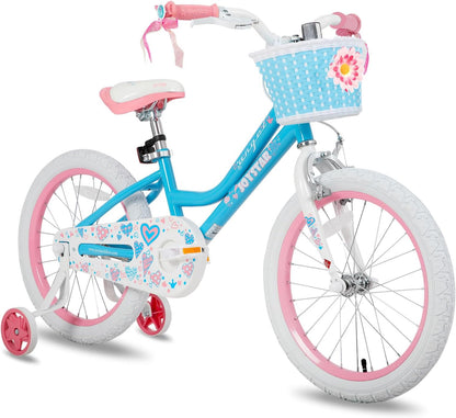 JOYSTAR 18 inch kinderfiets voor meisjes van 6 tot 9 jaar, 18 inch meisjesfiets met steunwielen en mand, blauw