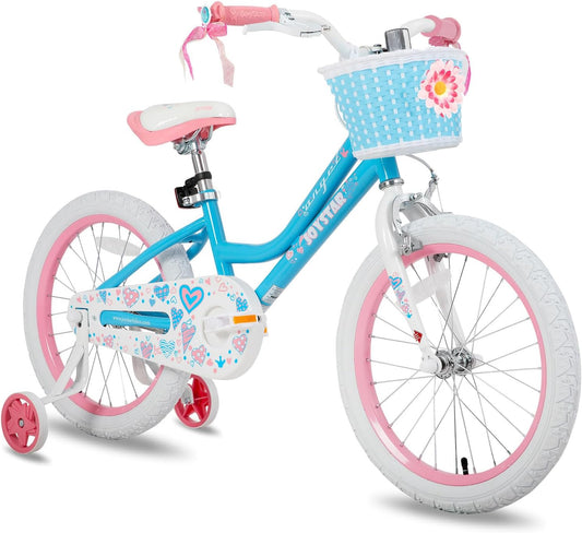 JOYSTAR 18 inch kinderfiets voor meisjes van 6 tot 9 jaar, 18 inch meisjesfiets met steunwielen en mand, blauw