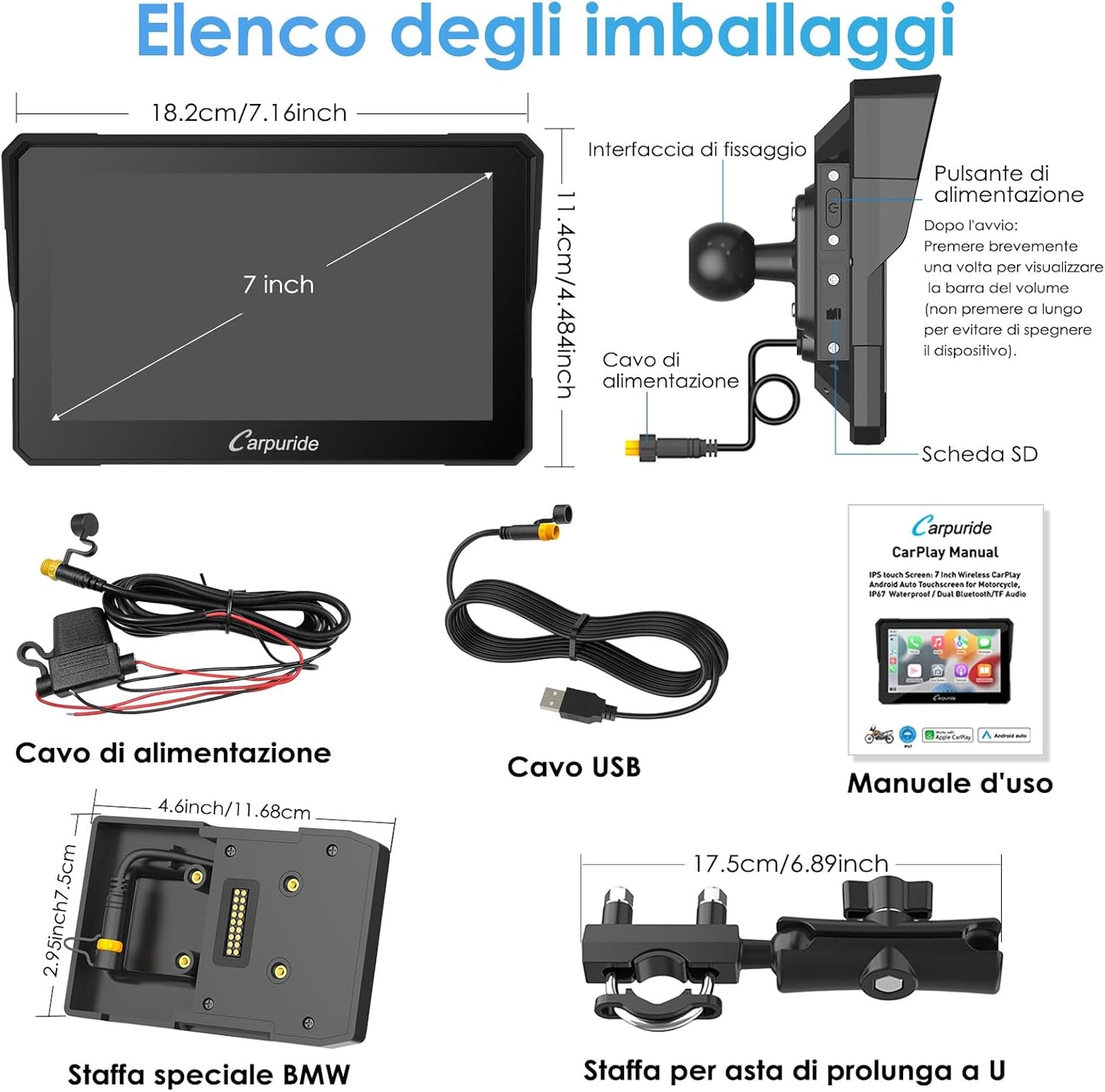 Carpuride W702B Motorfiets Carplay Scherm met Custom Mount voor BMW Motorbike, Wireless CarPlay en Android Auto, Draagbaar 7 inch Waterdicht Touchscreen, Dual Bluetooth, Navigatie, Siri.