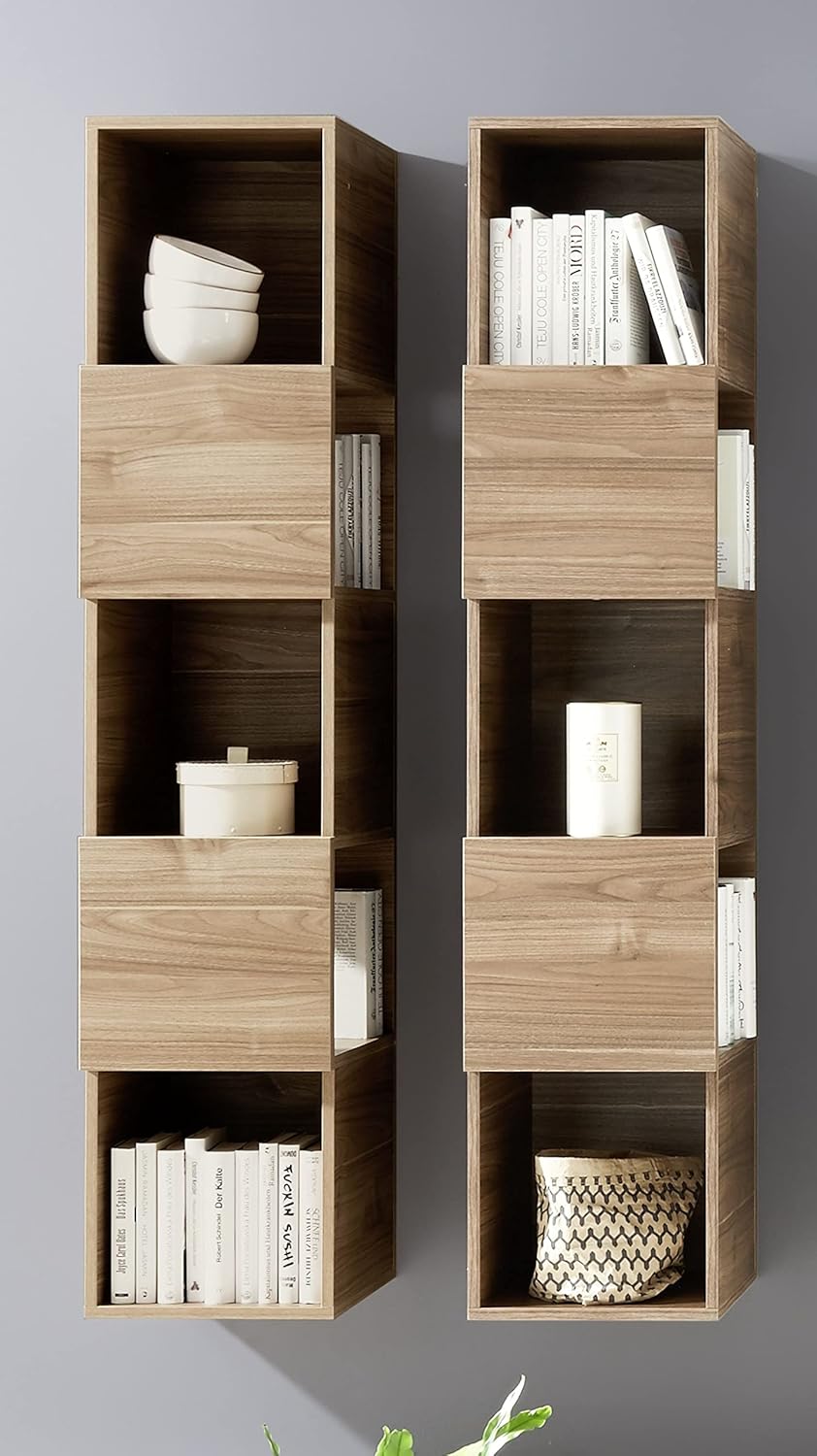 Verticale wandkast walnootlook – Hangkast – Wandrek – Boekenkast – Opbergkast – Meerdere vakken – 33 x 158 x 35 cm