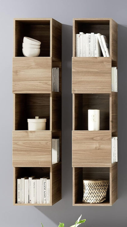Verticale wandkast walnootlook – Hangkast – Wandrek – Boekenkast – Opbergkast – Meerdere vakken – 33 x 158 x 35 cm