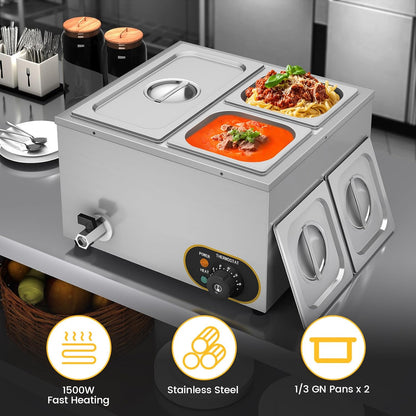 Elektrisch waterbad van roestvrij staal, voedselwarmer buffet, 1 x 1/3 GN container + 2 x 1/6, met deksel, instelbare temperatuur 30 °C - 85 °C