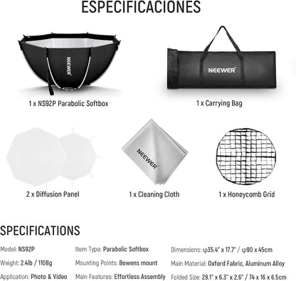 NEEWER Bowens Mount Soft Box Compatibel met Aputure 120d Compatibel met Godox SL60w Q4 AS600B CB300B Q300 Licht, diffusers, rooster, tas en reinigingsdoek, NS92P