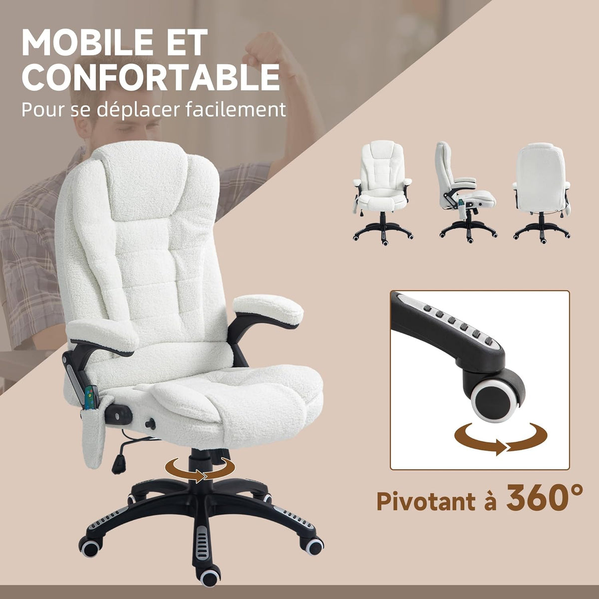 Massage- En Verwarmde Bureaustoel – Bureaustoel – Ergonomische Stoel – Kantoormeubel – Werkstoel – Verstelbare Hoogte en Rugleuning – Ingebouwde Massage- En Verwarmingsfunctie – 360° Draaibaar – Polyesterstof Wit