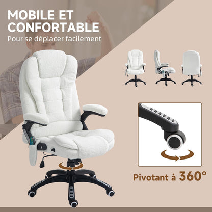 Massage- En Verwarmde Bureaustoel – Bureaustoel – Ergonomische Stoel – Kantoormeubel – Werkstoel – Verstelbare Hoogte en Rugleuning – Ingebouwde Massage- En Verwarmingsfunctie – 360° Draaibaar – Polyesterstof Wit