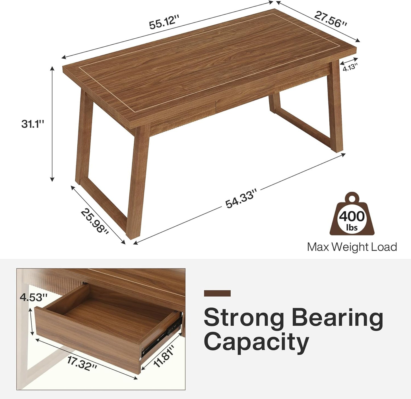 Tribesigns Home Office Executive Desk: 140cm Solid Wood Computer Desk with Drawer, Modern Study Writing Table, Rustic PC Laptop Desk, Workstation Furniture, Walnut Brown