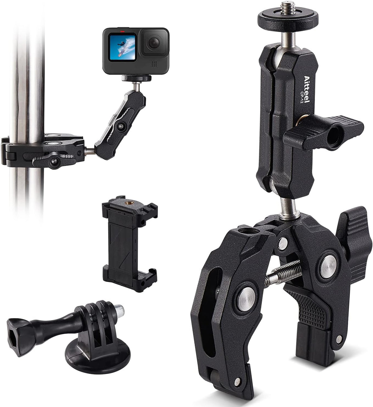 Super klem met Mini Ball Head Stand met 1/4 "schroef en 360 ° Double Ball Head Magic Arm voor Sony Canon Nikon DSLR Camera, Ronin, Microfoon, Videollamp, Roef, Dwarsbar (CP-12)
