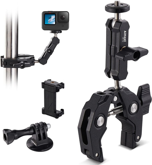 Super klem met Mini Ball Head Stand met 1/4 "schroef en 360 ° Double Ball Head Magic Arm voor Sony Canon Nikon DSLR Camera, Ronin, Microfoon, Videollamp, Roef, Dwarsbar (CP-12)