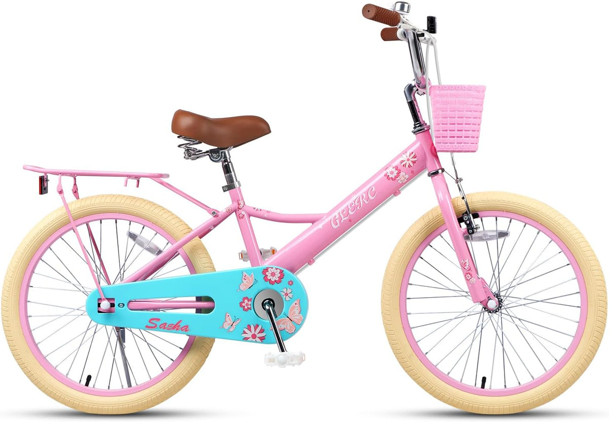 Glerc Meisjesfiets, 12 - 20 inch kinderfiets voor kinderen van 2, 3, 4, 5, 6, 7, 8, 9, 10, 11, 12, 13 jaar, kinderfiets met poppenzitje, mand, steunwielen en fietsstandaard