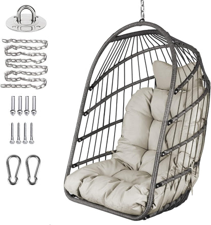 Chihee Opvouwbare rieten rotan hangstoel schommel - binnen/buiten terras rieten hangmat met roestvrij staal opknoping kit ketting link UV-bestendig kussen