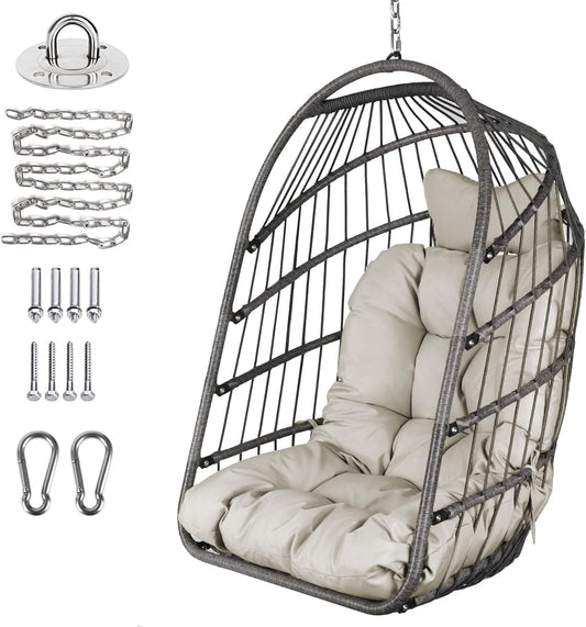 Chihee Opvouwbare rieten rotan hangstoel schommel - binnen/buiten terras rieten hangmat met roestvrij staal opknoping kit ketting link UV-bestendig kussen