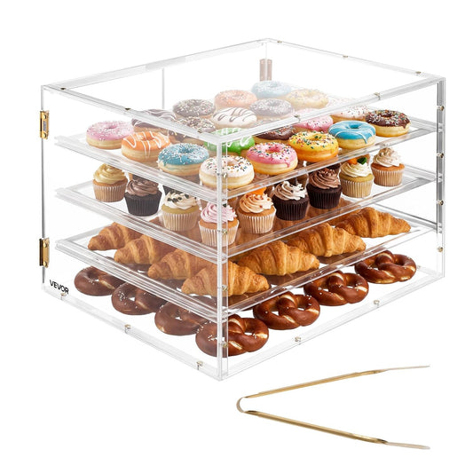 VEVOR Vitrine voor gebak, verkoopvitrine voor commerciële banketbakkerij met 4 etages, broodtrommel van transparant acryl voor keuken cake met magnetische achterdeur voor koekjes