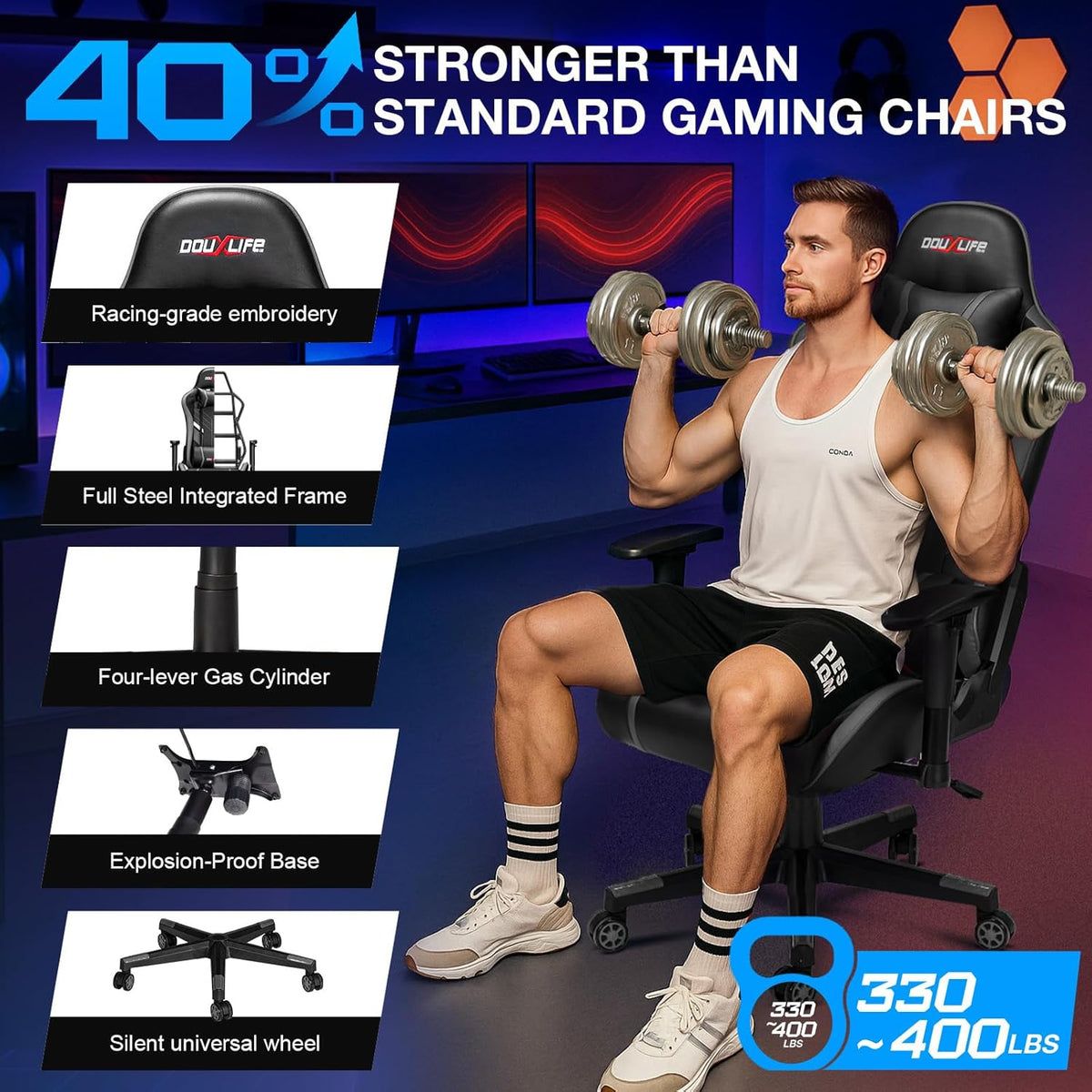 Douxlife Gaming Stoel, met 7-punts Massage, Ergonomische bureaustoel met Voetensteun, 90-175° Rugleuning Instelbaar, Verstelbare 2D-Armleuning, PC-gamerstoel, Bureaustoel, 180 kg, Grijs