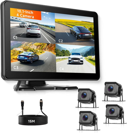 4 x achteruitrijcamera met 10,1 inch IPS-monitor, BSD-systeem, 4-voudig beeldscherm, 4K DVR-loop-opname, 1080p AHD achteruitrijcamera, auto, nachtzicht, IP68 waterdicht, voor SUV, vrachtwagen